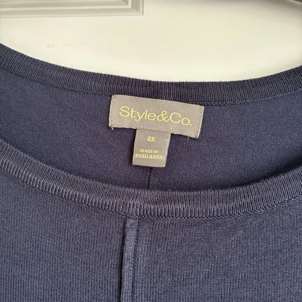 STYLE & CO WOMEN'S 0X LONG SLEEVE BOAT NECK TUNIC SWEATER NAVY BLUE PULLON KNIT